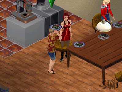 Complex scene of sim male with a plate of foot embedded in his head talking to female sim who is standing in the same spot as a chair.
